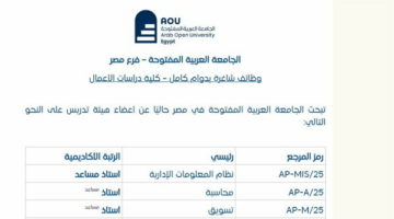 وظيفة جامعة.. الجامعة العربية المفتوحة تعلن وظائف أعضاء هيئة التدريس 2025.. سجل هنا