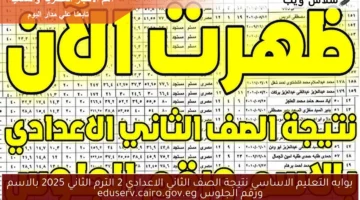 بوابه التعليم الاساسي نتيجة الصف الثاني الاعدادي 2 الترم الثاني 2025 بالاسم ورقم الجلوس eduserv.cairo.gov.eg